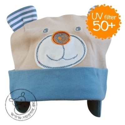 Jarná bavlnená čiapka pre chlapčekov s UV 50+ modro-hnedý macko